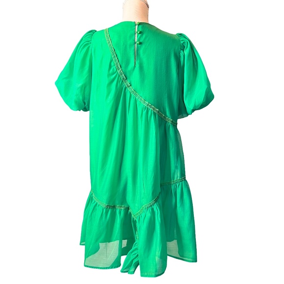 # A058  Nancy New York  Puff Sleeve Tiered Mini Dress  Green   Small  NWT - Picture 2 of 9